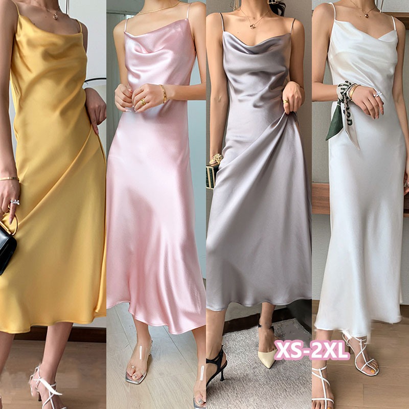 👚Anna_fashion👚Cowl Neck ชุดเดรสยาวปานกลางผ้าซาตินแขนกุด ชุดเดรสสลิปเซ็กซี่สีพื้นสำหรับผู้หญิง 99023