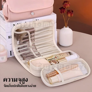 กระเป๋าแปรงแต่งหน้า เครื่องสำอางความจุขนาดใหญ่มัลติฟังก์ชั่นหนัง PU กันน้ำใส่แบบพับได้ม้วนเก็บของแบบพกพาสำหรับเดินทาง