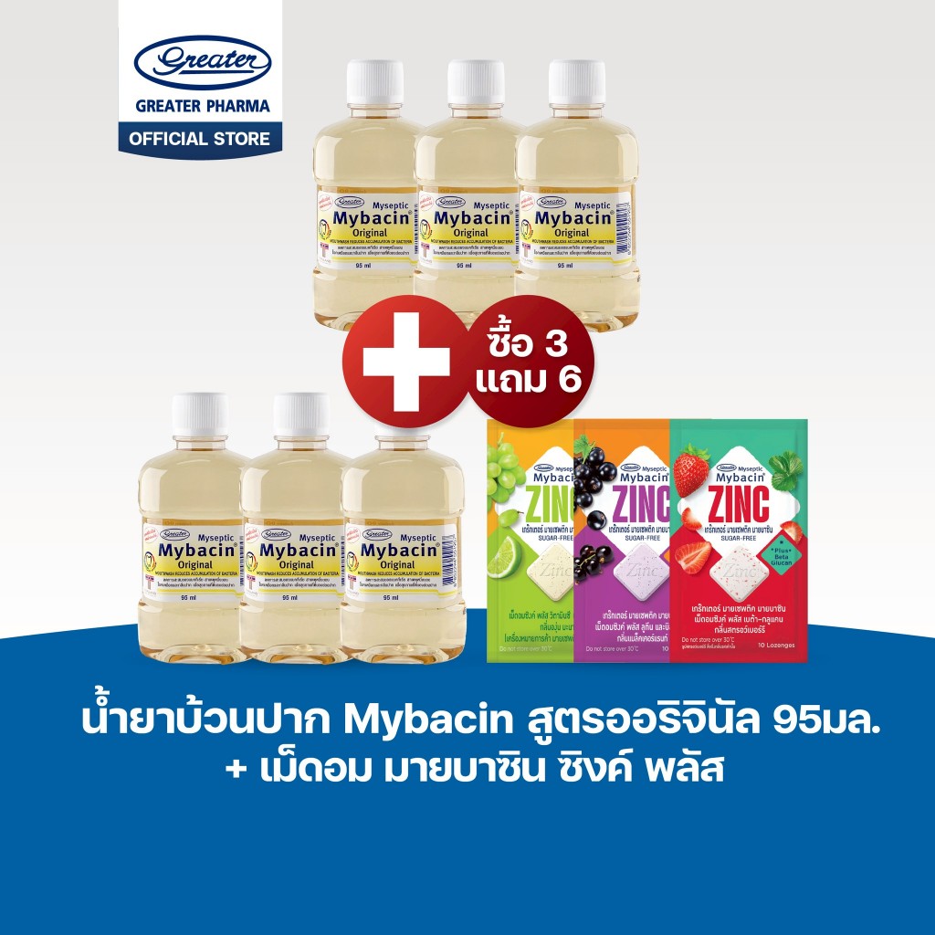 Promotion 3 แถม 6 น้ำยาบ้วนปากสูตรออริจินัล 95 ml 3 ขวด แถม น้ำยาบ้วนปากสูตรออริจินัล 95 ml 3 ขวด + เม็ดอม Zinc Plus