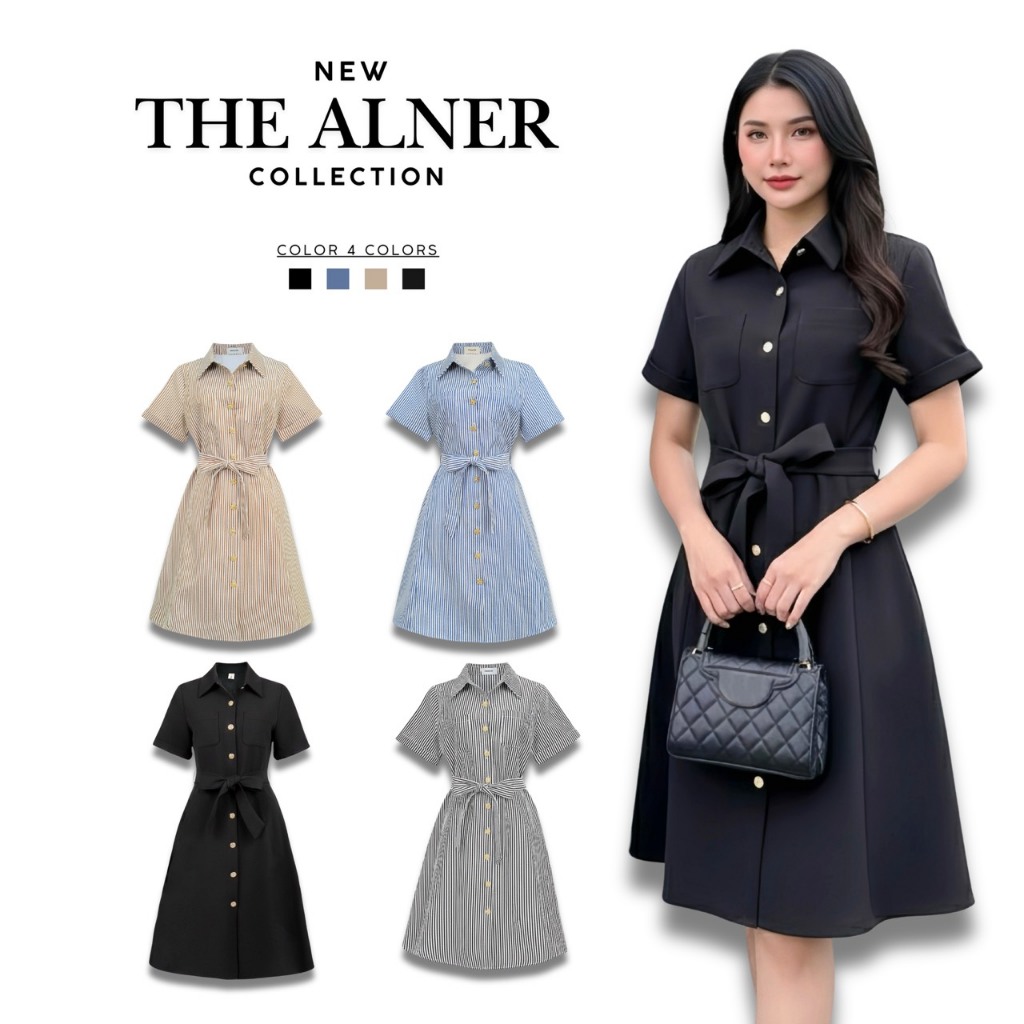 Thealner-AN023 (เดรสลายริ้วคอปกแต่งกระดุมหน้าผูกโบว์เอว)