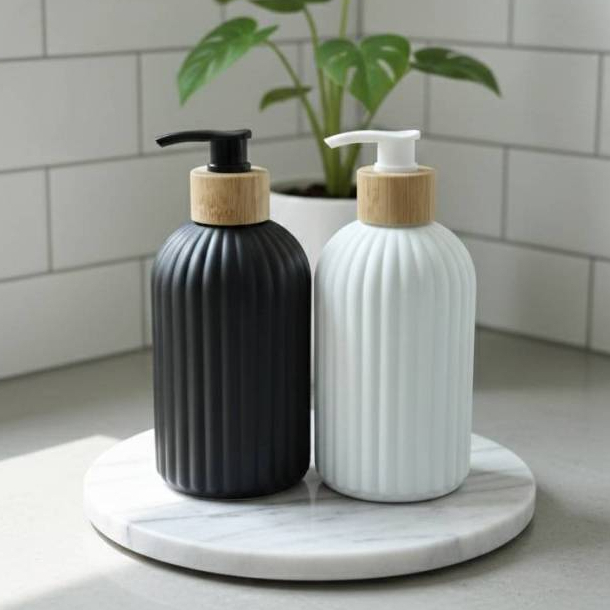 ขวดปั้มโลชั่น ขวดใส่ครีมอาน้ำ ขวดกลมลายเส้น ขนาด 400 ml. รุ่น 4425