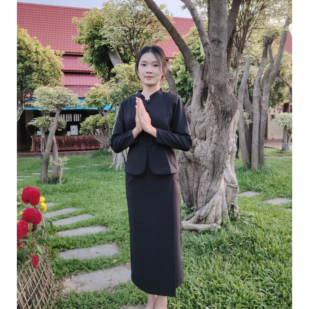 ชุดดำจิตรลดา​ผ้าถุง​ซิป​ข้าง ผ้า​อ๊อก​ฟอร์ด​ งานไม่อัดกาว