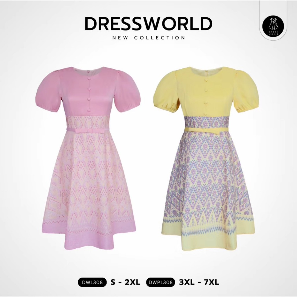 {S-7XL} 1308 งานป้าย Dress World เดรสสั้นทรงบาน ลายไทย เอวแต่งคาดโบว์ แขนตุ๊กตา เดรสทำงาน