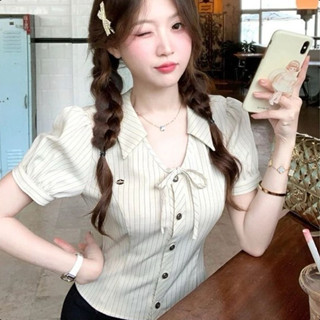 Aurae เสื้อเชิ้ตผู้หญิงลายทางคอวีแบบผูกโบว์สไตล์วินเทจ