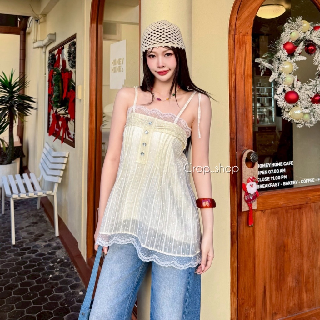 crop..shop มินิเดรสลายจุด งานสายเดี่ยว คุณหนู งานน่ารัก ละมุนสุด เเต่งชายระบายงาสวย งดงามปังเวอร์ รูปที่ 4