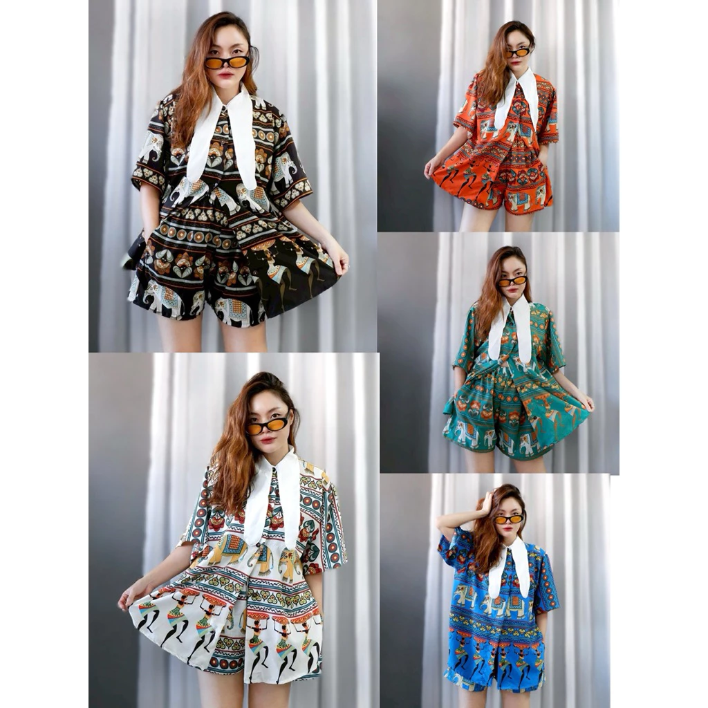 ชุดเซ็ท เสื้อเชิ้ตลายช้างปกขาว+กางเกงขาสั้น
