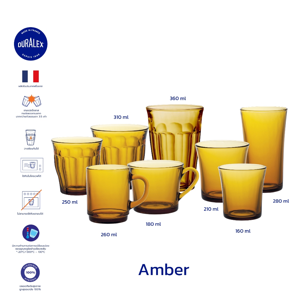 แก้วน้ำ กาแฟ ชา Duralex สีเหลือง (Amber)