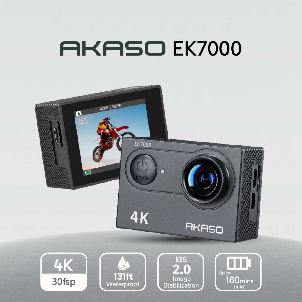 AKASO EK7000 | กล้อง Action Camera กันน้ำ ถ่ายวิดิโอ 3K นาน 3 ชั่วโมง | รับประกันสินค้า 1 ปี