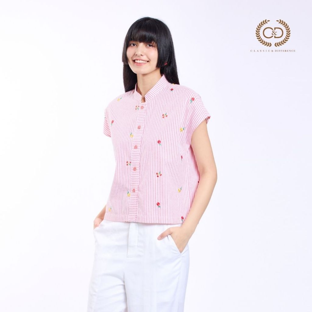 C&D เสื้อผู้หญิง โคโมฮานะ สไตร์พ คอตั้ง สีแดง CBD7ME