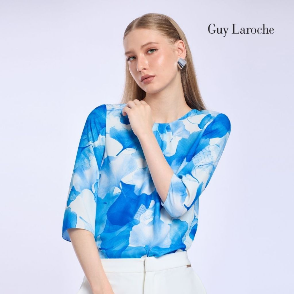Guy Laroche เสื้อเชิ๊ตผู้หญิง แขนสามส่วน ไลท์ ลินิน