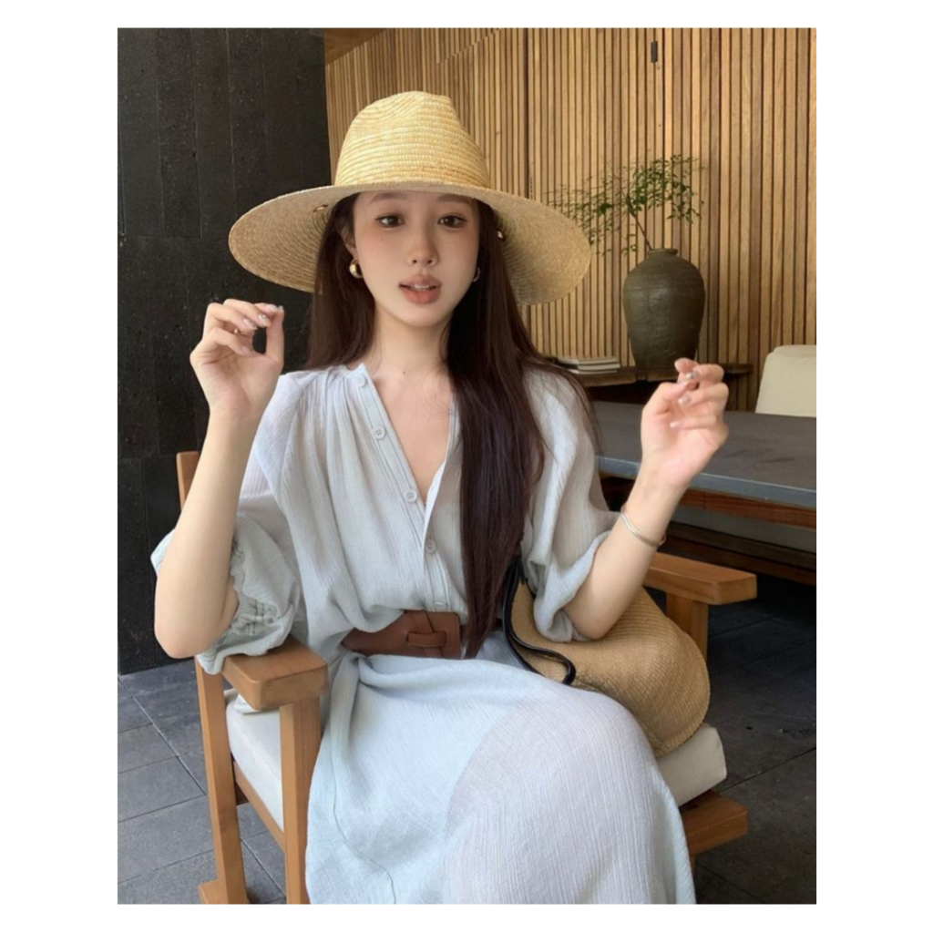 Mogwany พร้อมส่ง สีฟ้า**งานตัดร้าน** Ezra Dress With Belt 2 สี ฟ้า, ครีม สวยมากมาพร้อมเข็มขัด มีซับในเก็บโค้ดหน้ากิจกรรม
