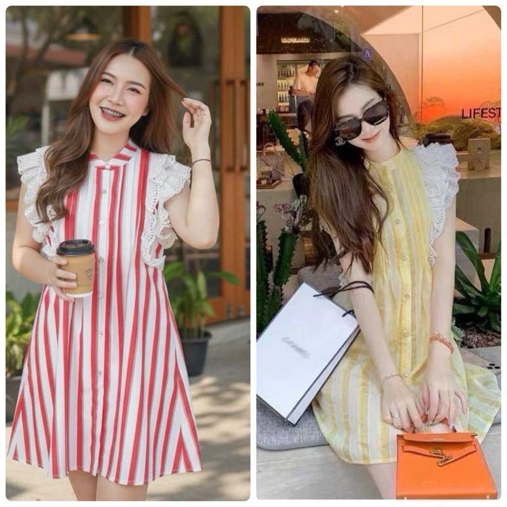 เดรสสั้น สาวอวบ อก42 ลายริ้ว แขนกุดสั้น ypy