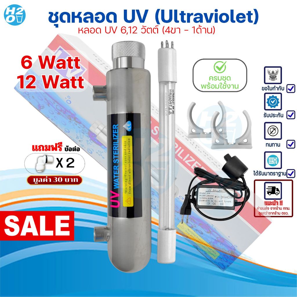 ชุดหลอดยูวี เครื่องกรองน้ำ หลอด UV 6,12 Watts วัตต์ (4เขี้ยว 1ด้าน) ไส้กรองยูวี ไส้กรองน้ำUV ครบชุด