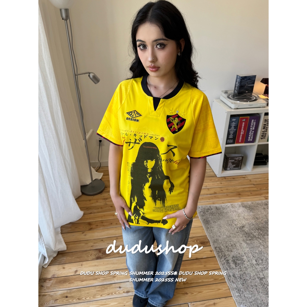 [Japanese style short-sleeved T-shirt]เสื้อยืดคอกลมแขนสั้นสีเหลืองพิมพ์ลายสไตล์ญี่ปุ่นสไตล์ย้อนยุคสำหรับผู้หญิง