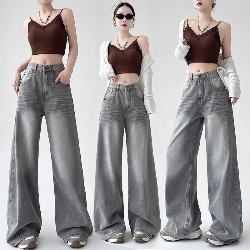 S~5XL Straight jeans Cement Gray Denim กางเกงทรงตรงสไตล์ย้อนยุคสีเทา 2025 กางเกงยีนส์ขากว้างเอวสูงใหม่หลวม HOT