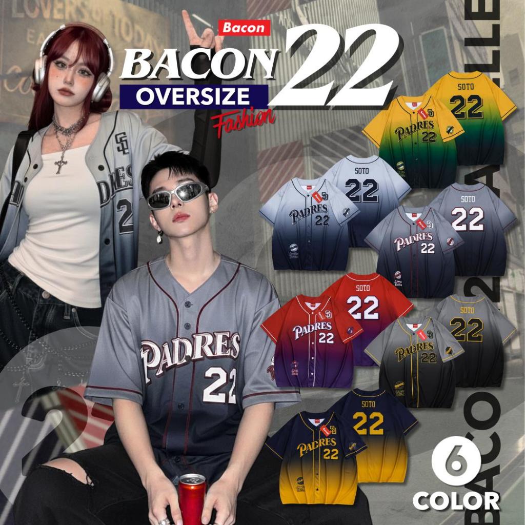 Bacon 22 เสื้อเบสบอลทรง Oversize กระดุมจริง งานพิมพ์ลายทั้งตัว อก 46-52