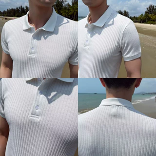 Fabedy เสื้อโปโลแฟชั่นสไตล์เกาหลีสำหรับผู้ชาย เสื้อโปโลแขนสั้นลายทางสีพื้นสำหรับผู้ชาย Men Clothing【COD】