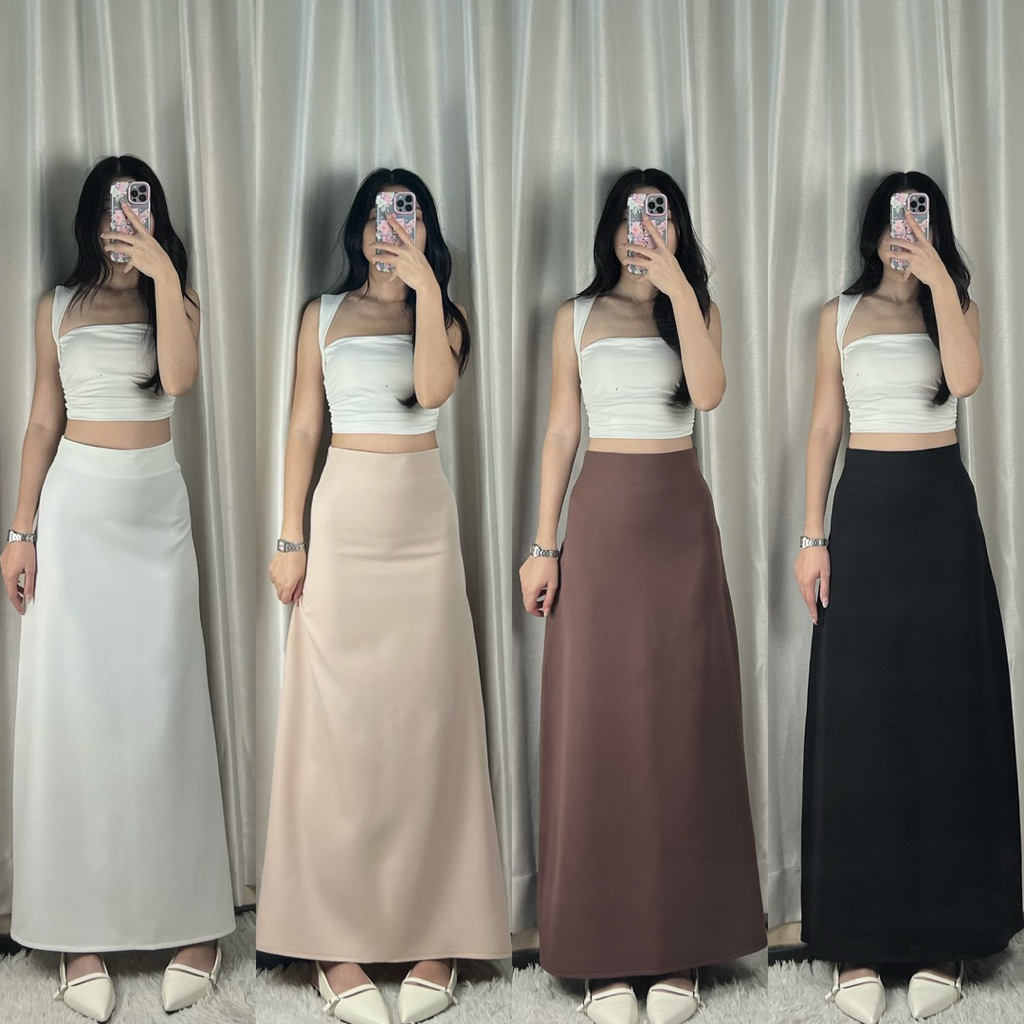 กระโปรงยาวทรงปลายบานใส่สบายทรงสวย ผ้าพริ้วใส่ได้ทั้งเอวสูงและเอวต่ำ แมชท์ง่าย ไม่มีแหวกด้านข้างนะคะ