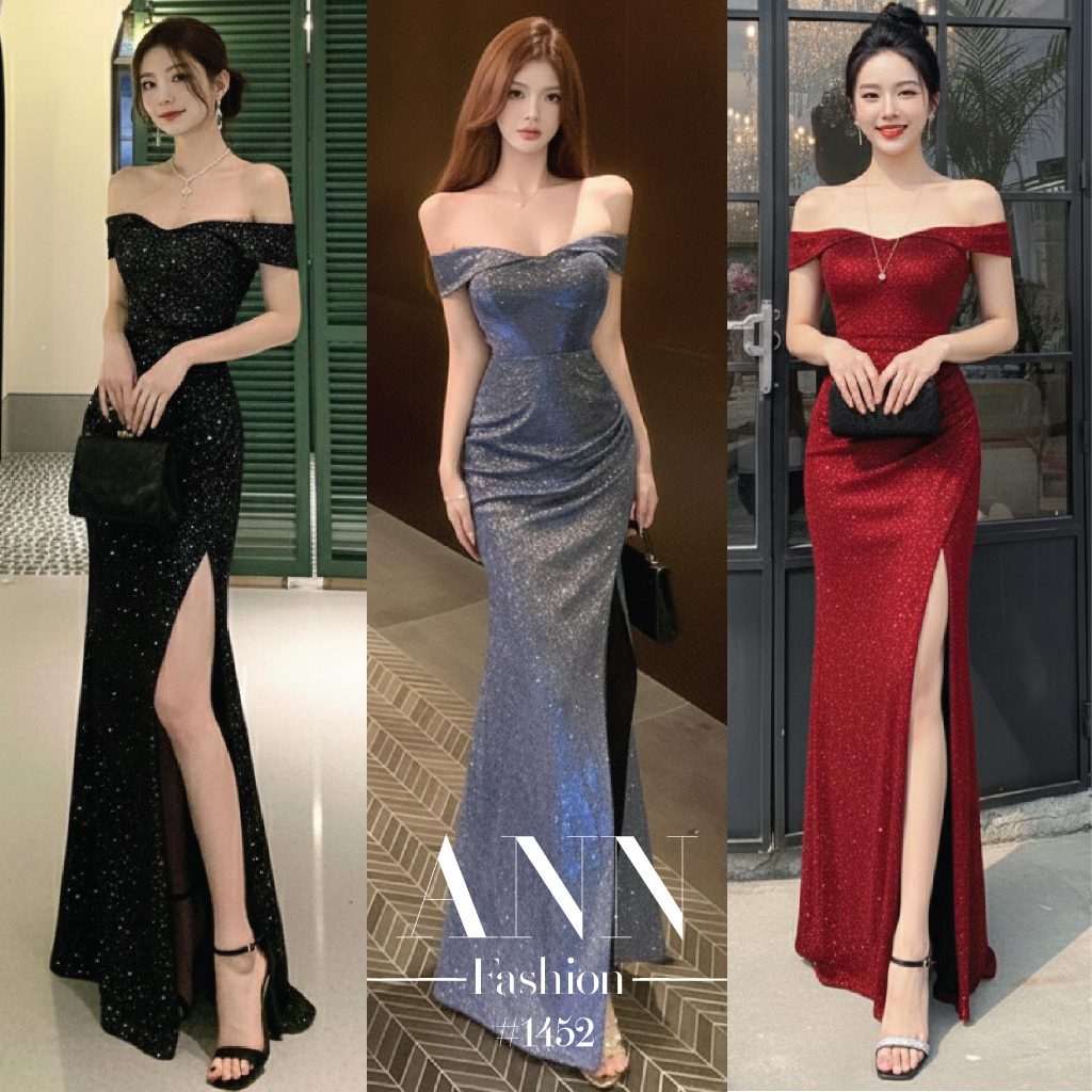 แม็กซี่เดรส กลิตเตอร์ เปิดไหล่ ผ้าสตาร์แกลมเมอร์ วิบวับ ผ่าหน้าข้างซ้าย เซ็กซี่ ชุดปีใหม่ หรูหรา ทรงเข้ารูป #1452