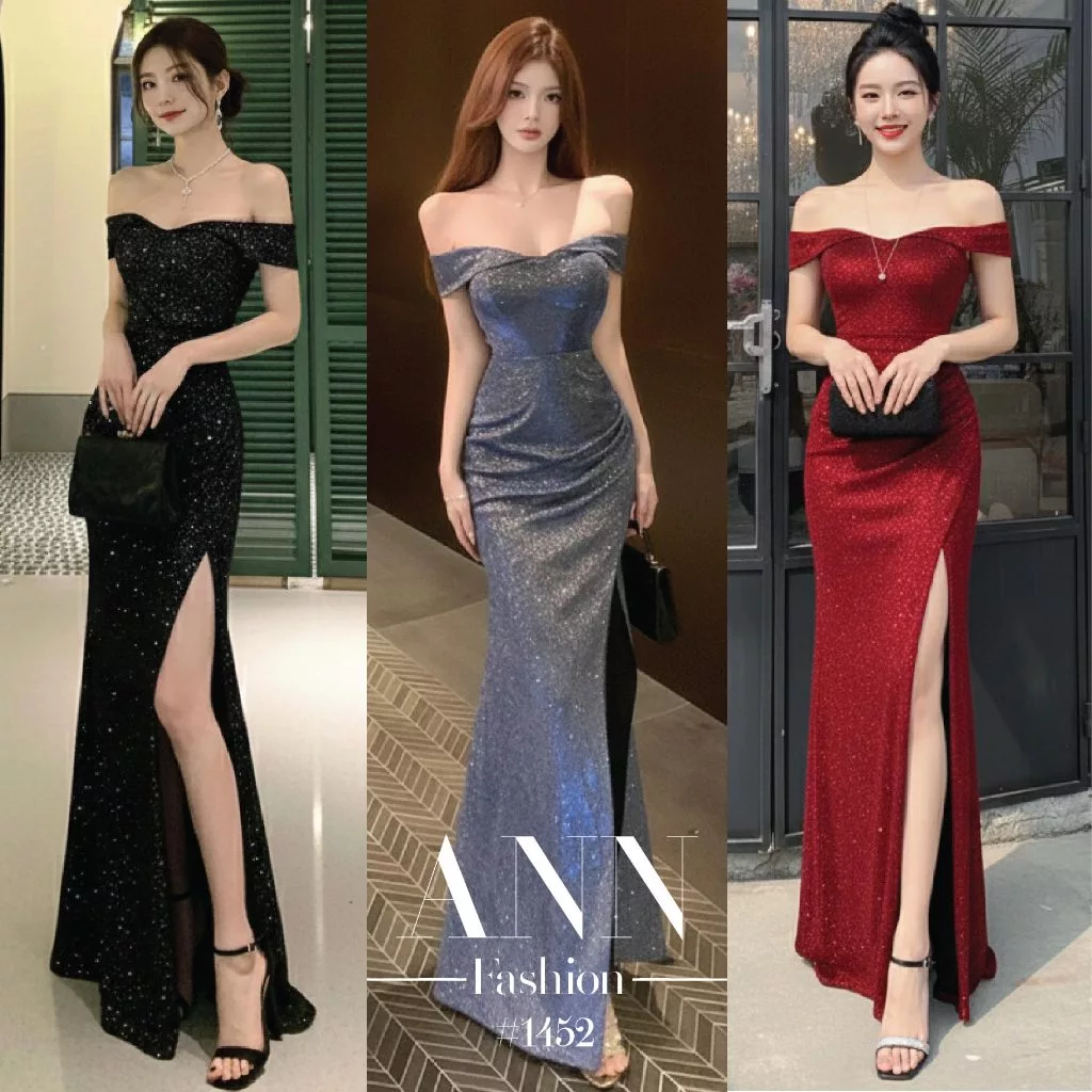 แม็กซี่เดรส กลิตเตอร์ เปิดไหล่ ผ้าสตาร์แกลมเมอร์ วิบวับ ผ่าหน้าข้างซ้าย เซ็กซี่ ชุดปีใหม่ หรูหรา ทรงเข้ารูป #1452