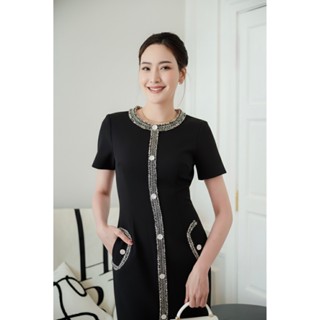 PD360 BLACK Tweed Dress เดรสผ้า Tweed คอกลม แขนสั้น แต่งกุ๊น…