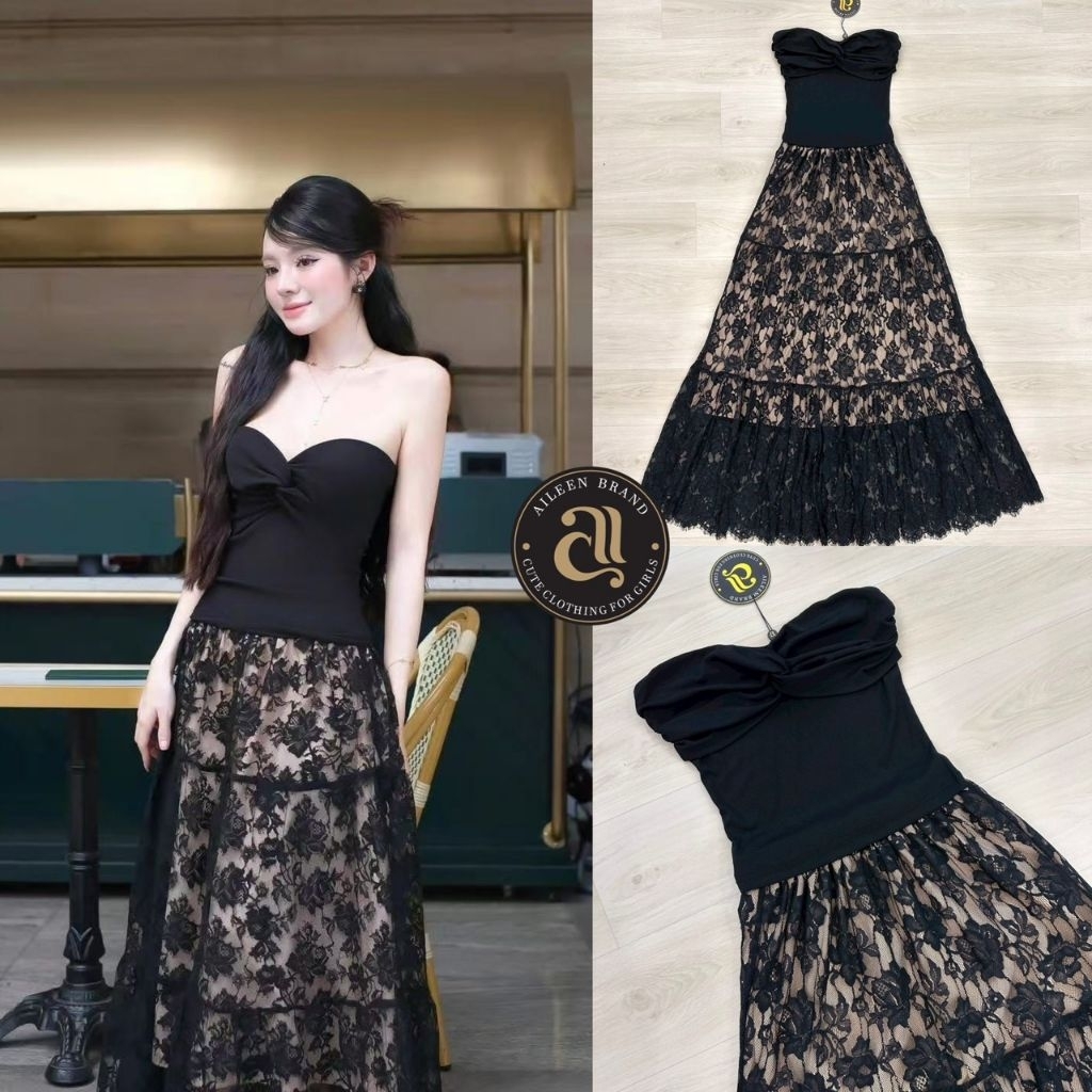 Aileen Set.2ชิ้น เสื้อเกาะอกสีดำดีเทลจับจีบอกให้ทรงสวย มีแถบกันลื่นมาอย่างดีผ้ายืดนิ่ม แมตช์กระโปรงผ้าลูกไม้นิ่มสีดำยาว
