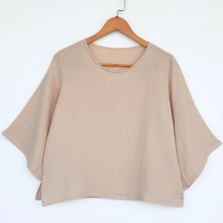 เสื้อคอกลมแขนสามส่วน ผ้าสาลู 2ชั้นอัดย่นลายวาฟเฟิล