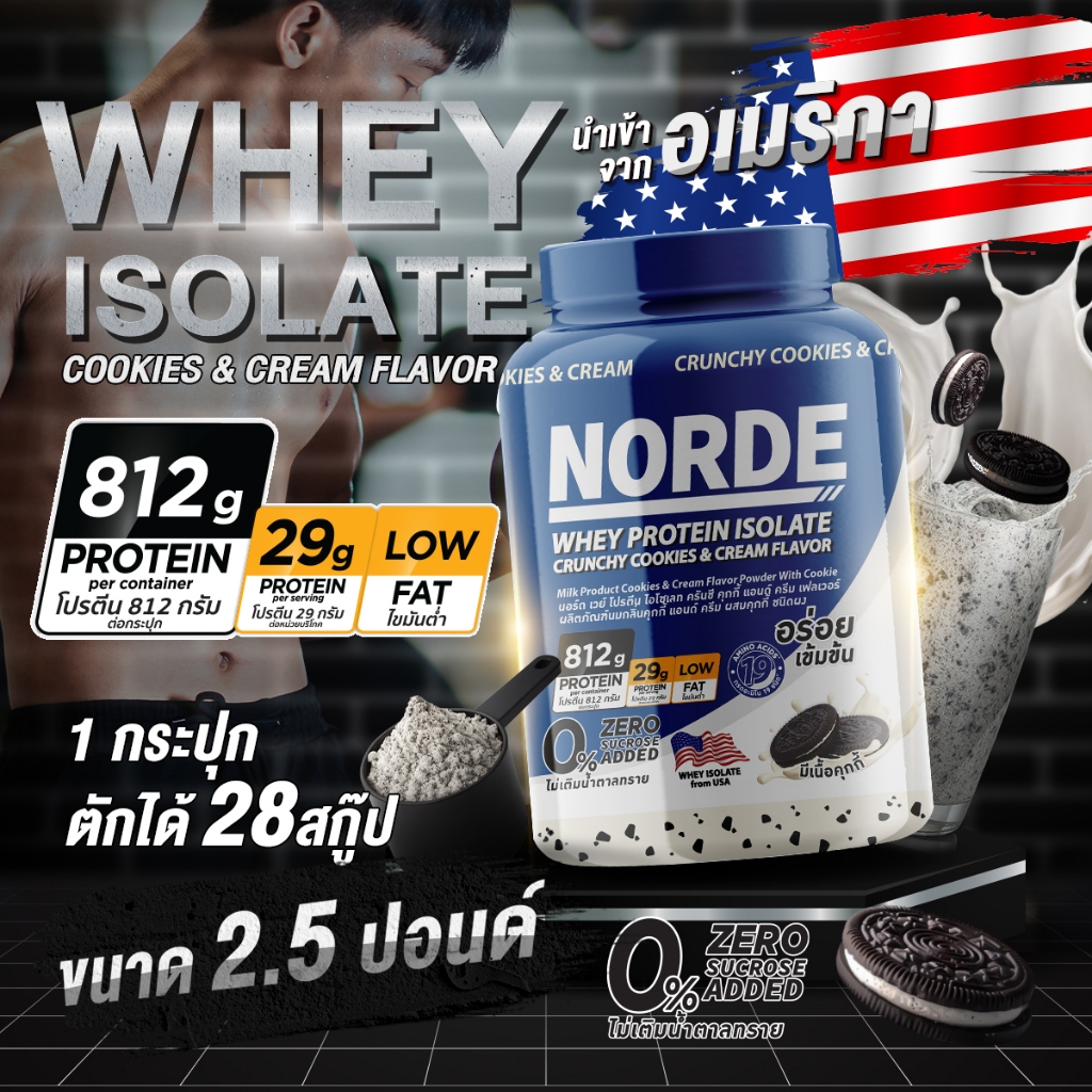 Norde Whey Protein Isolate นอร์ด เวย์โปรตีน ไอโซเลท อร่อยเข้มข้น รสคุกกี้แอดน์ครีม/ช็อกโกแลต น้ำตาล0% กระปุกใหญ่ 2.5 lbs