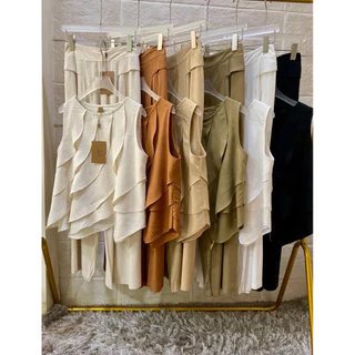 🌻พร้อมส่ง T80700เสื้อแขนกุดแต่งระบายขั้น/กางเกงขายาวผ้าลินิน