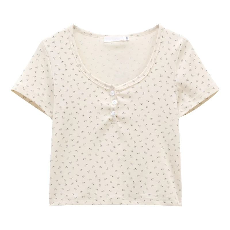 เสื้อหญิงคอ U ลายดอกไม้เล็ก ทรง BM ตัวสั้น ใส่แล้วผอม พร้อมส่ง thumbnail 9