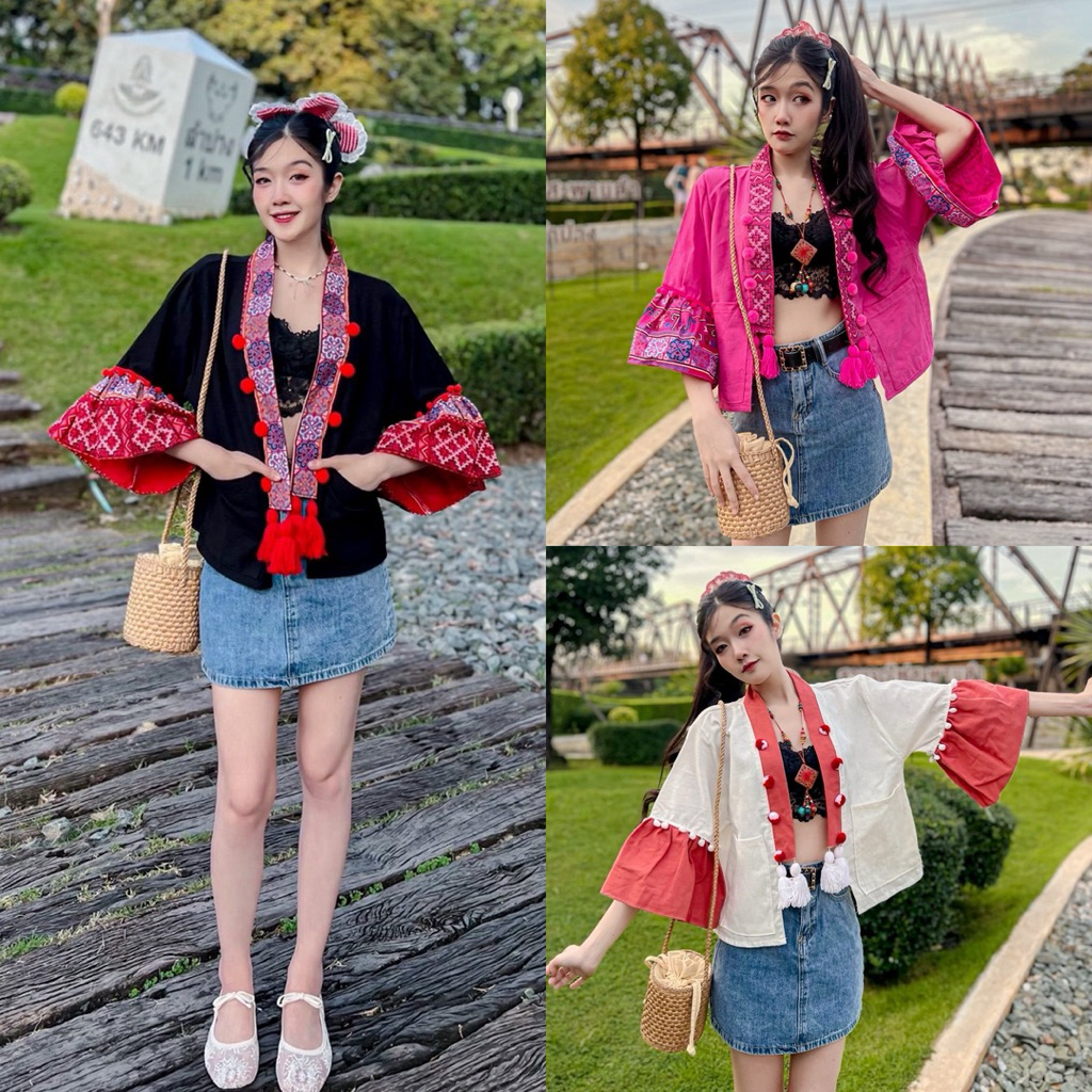 เสื้อคลุมผ้าฝ้าย(รุ่นแขนระบาย)ผ้านิ่ม ใส่สบายแต่งปอม+พู่เก๋ๆ
