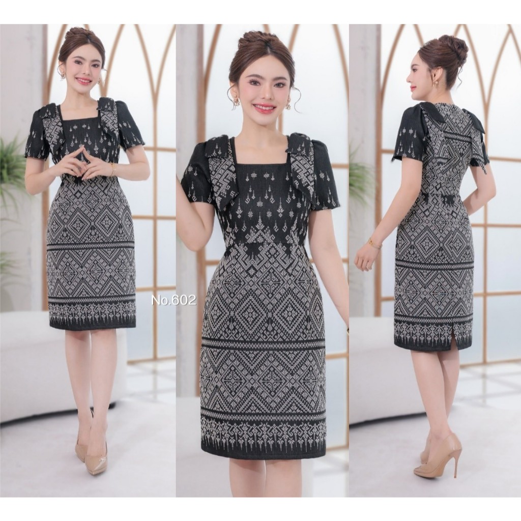 N602 ชุดเดรสผ้าทอลายแพรวา สีดำ คอเหลี่ยมแต่งโบว์ไหล่คู่ พรีเมี่ยม