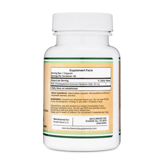 Double Wood PQQ Supplements 20mg.บรรจุ 60 แคปซูล พีคิคิว Pyrroloquinoline quinone ทานคู่ Q10