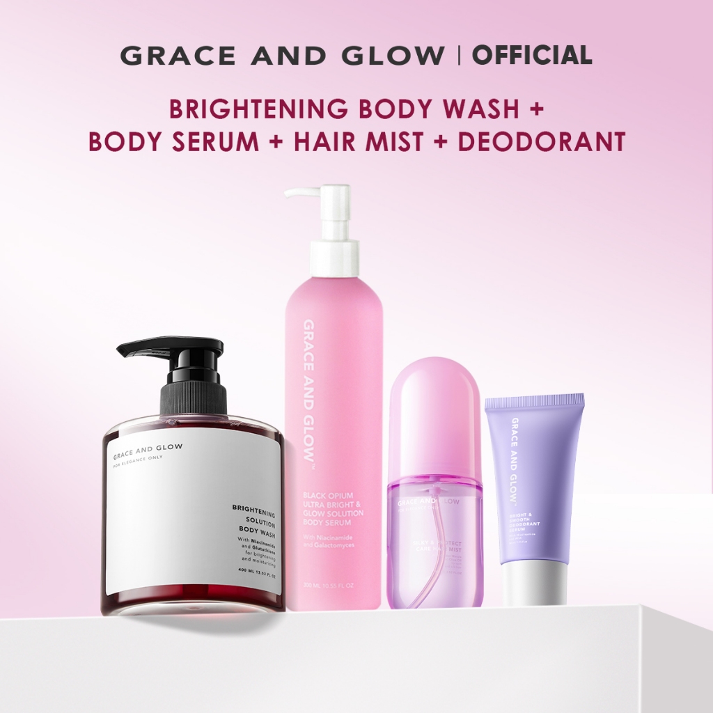 【เซตหอมละมุน 4 in 1】 Grace and Glow  เจลอาบน้ำ + บอดี้เซรั่ม + แฮร์มิสต์ + โรลออนระงับกลิ่นกาย – กลิ่นหอมพรีเมียม  เผยผิ ราคา ถูกที่สุด ดีลบีเคเค