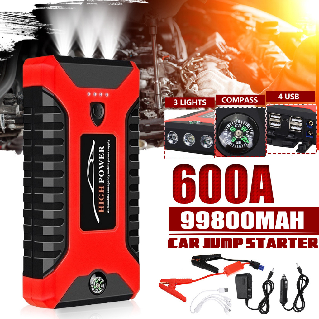 【จัดส่งรวดเร็ว】แบตเตอรี่รถยนต์ฉุกเฉิน 99800MAH สามารถจ่ายไฟ 12V