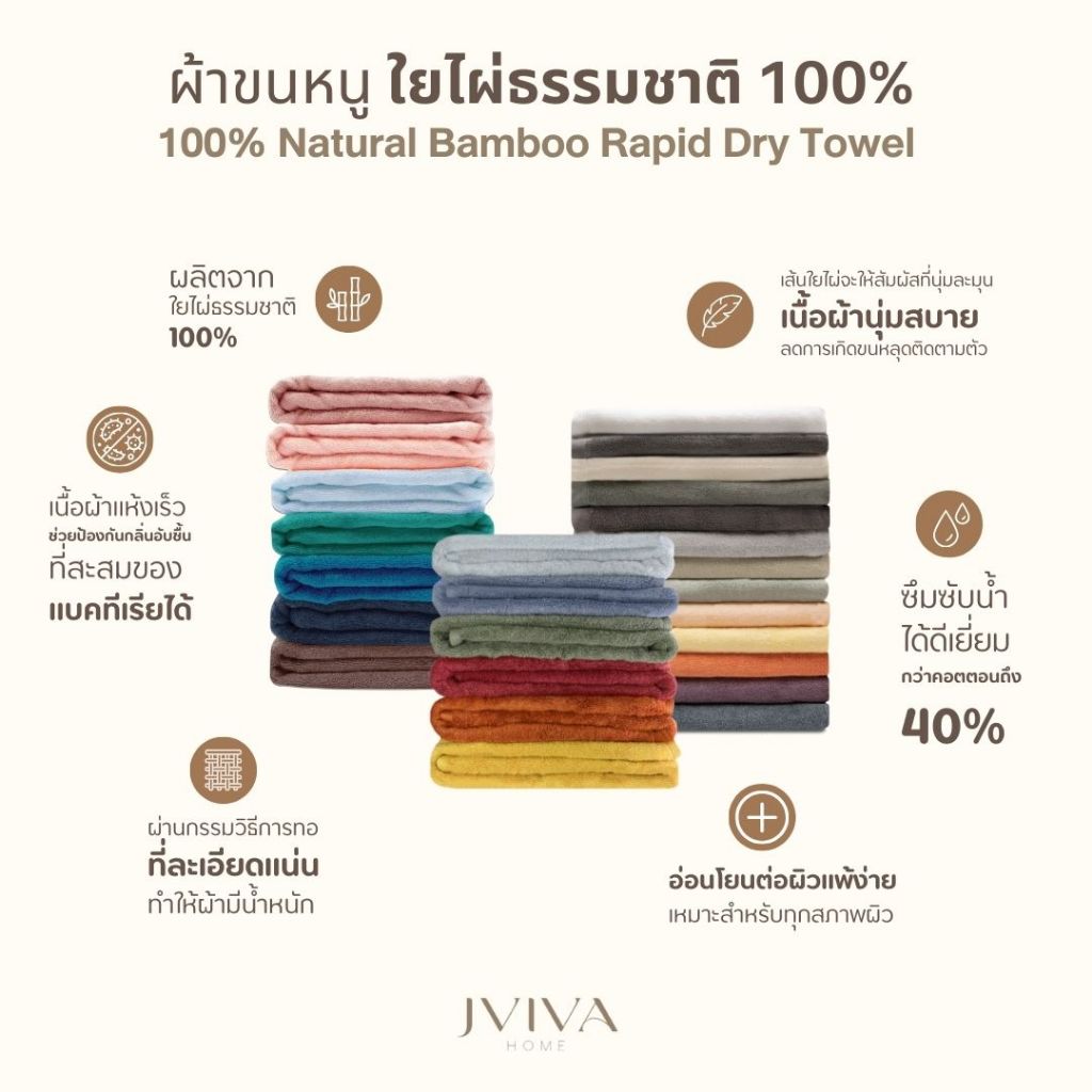 Jviva ผ้าขนหนูใยไผ่100% เช็ดตัว ไซส์ M (27x54 นิ้ว) Natural Bamboo Towel - Rapid Dry Collection รูปที่ 4