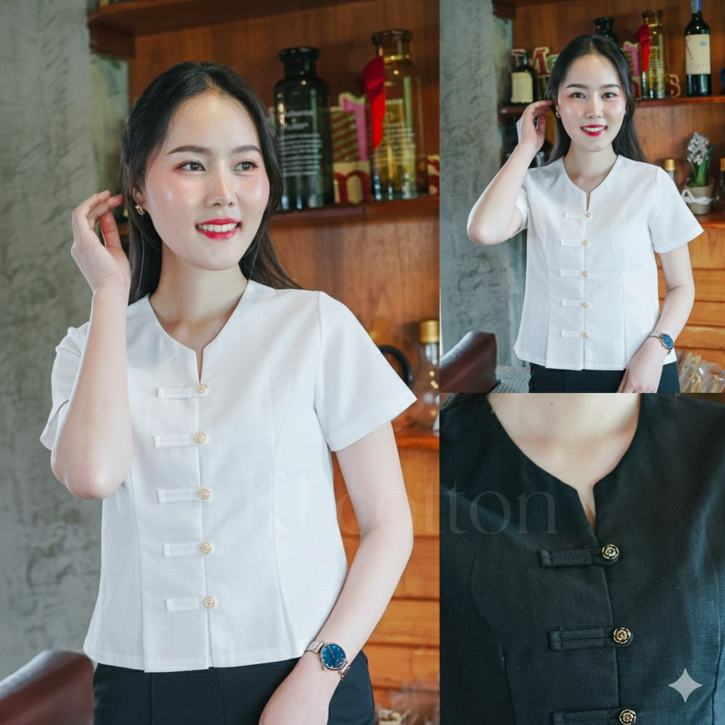 เสื้อทำงาน เสื้อผ้าฝ้ายรุ่นหอมนวล คอกลมกระดุมกุหลาบ