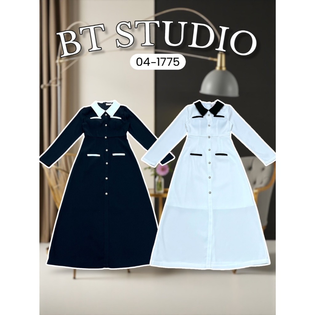 BT 04-1775 เดรสยาว แขนยาว คอปก ช่วงอกเสริมฟองน้ำ กระดุม แต่งกระเป๋าหลอก ปหลัง ซับในสั้น ชุดเรียบร้อย ทำงาน ออกงาน สีดำ