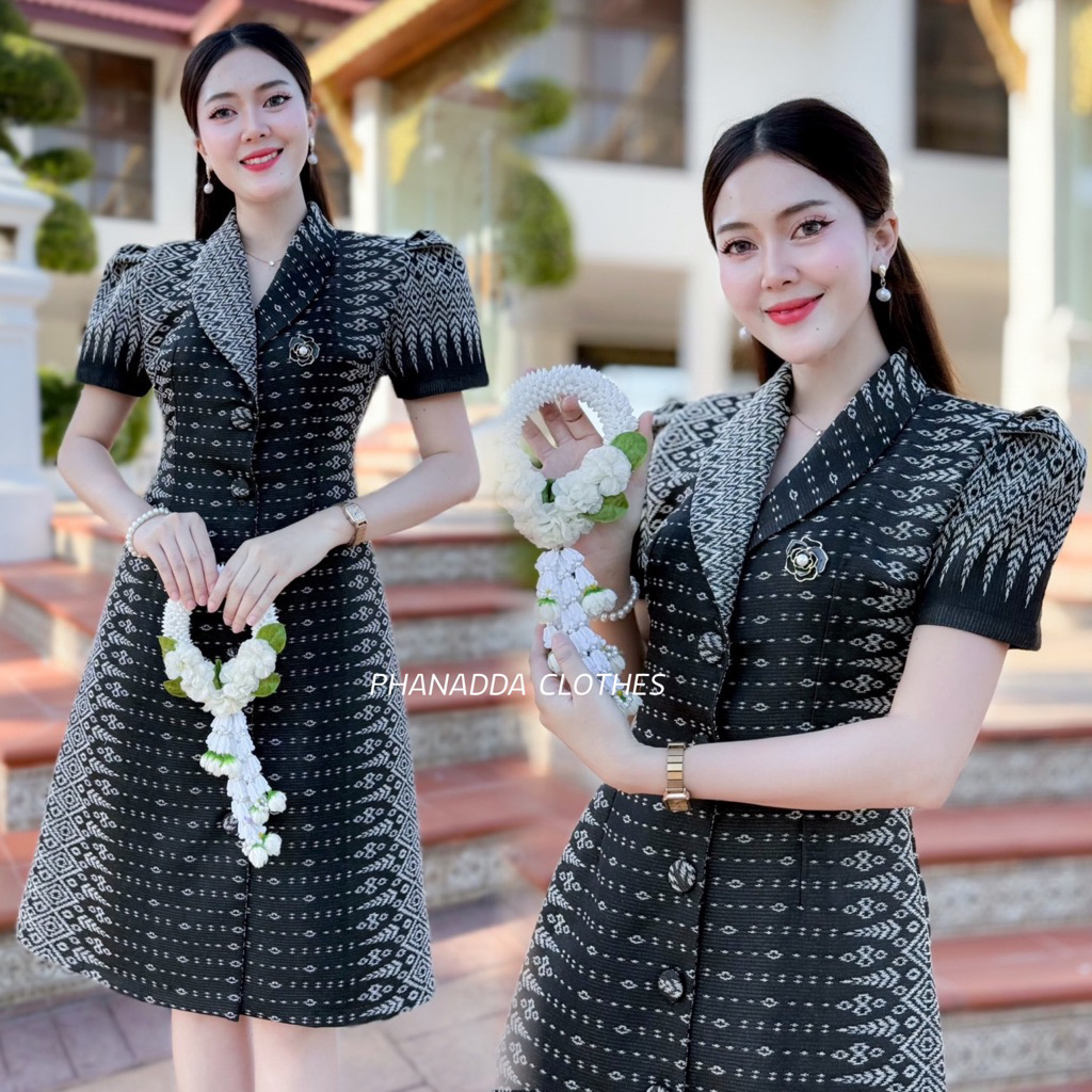 เดรสคอปกกระดุมหน้าจริง ผ้าฝ้ายทอลายอัดกาวทั้งชุด