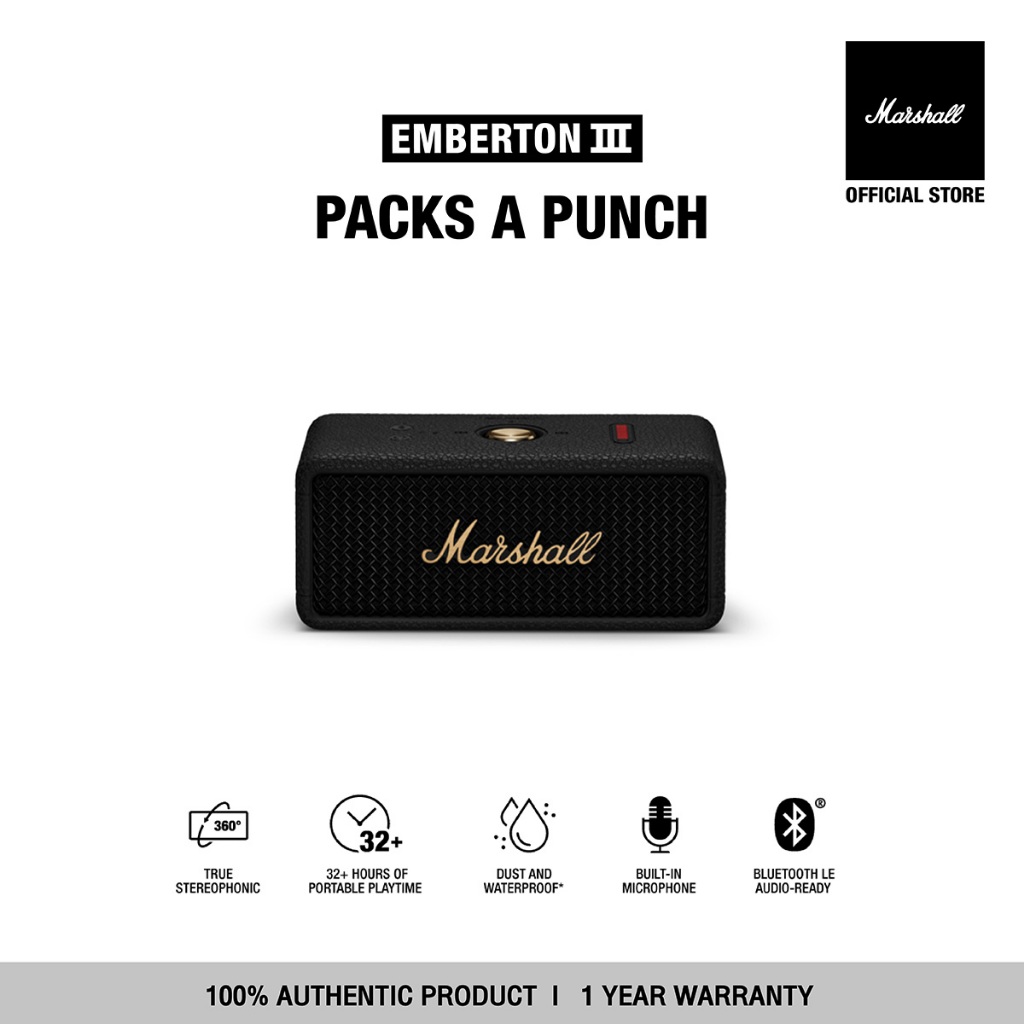 MARSHALL Emberton III Black and Brass - รับประกัน1ปี +ส่งฟรี - ลำโพงพกพา ลำโพง Bluetooth