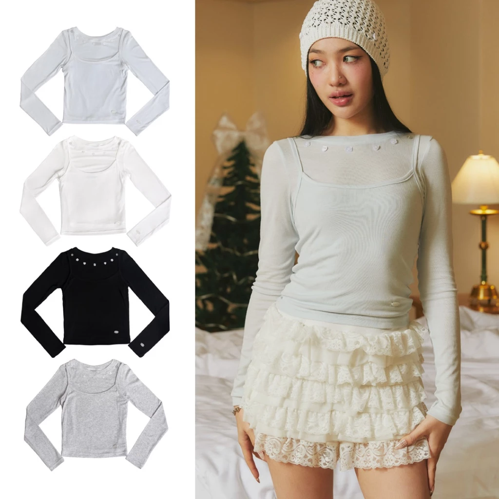 kome.offi เสื้อ2ชั้น แขนยาวแต่งกระดุม+สายเดี่ยว รุ่น Dear Komé Top
