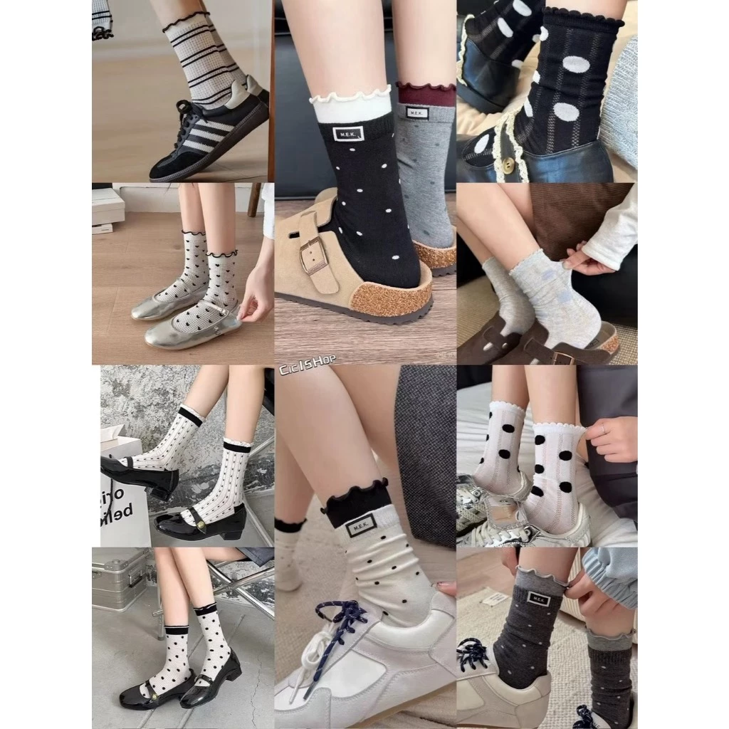 Cicishop(WT92)ถุงเท้าลายจุด/ลายโบว์ ระบายอากาศได้ดีเนื้อผ้านิ่ม สีพื้น แฟชั่นสาวหวาน สไตล์ญี่ปุ่น
