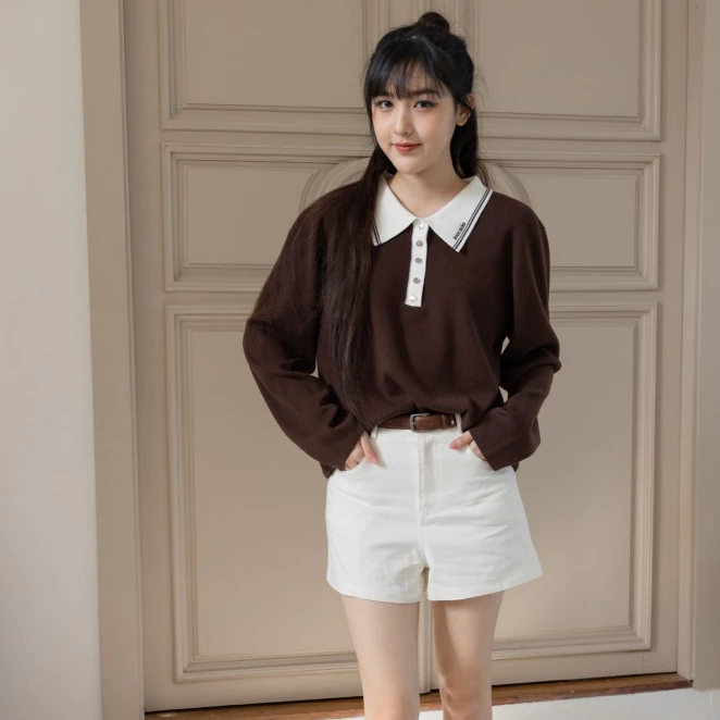 (พร้อมส่ง) avo เสื้อสเวตเตอร์โปโลผ้าไหมพรมคอปกทูโทน avo kalen polo shirt