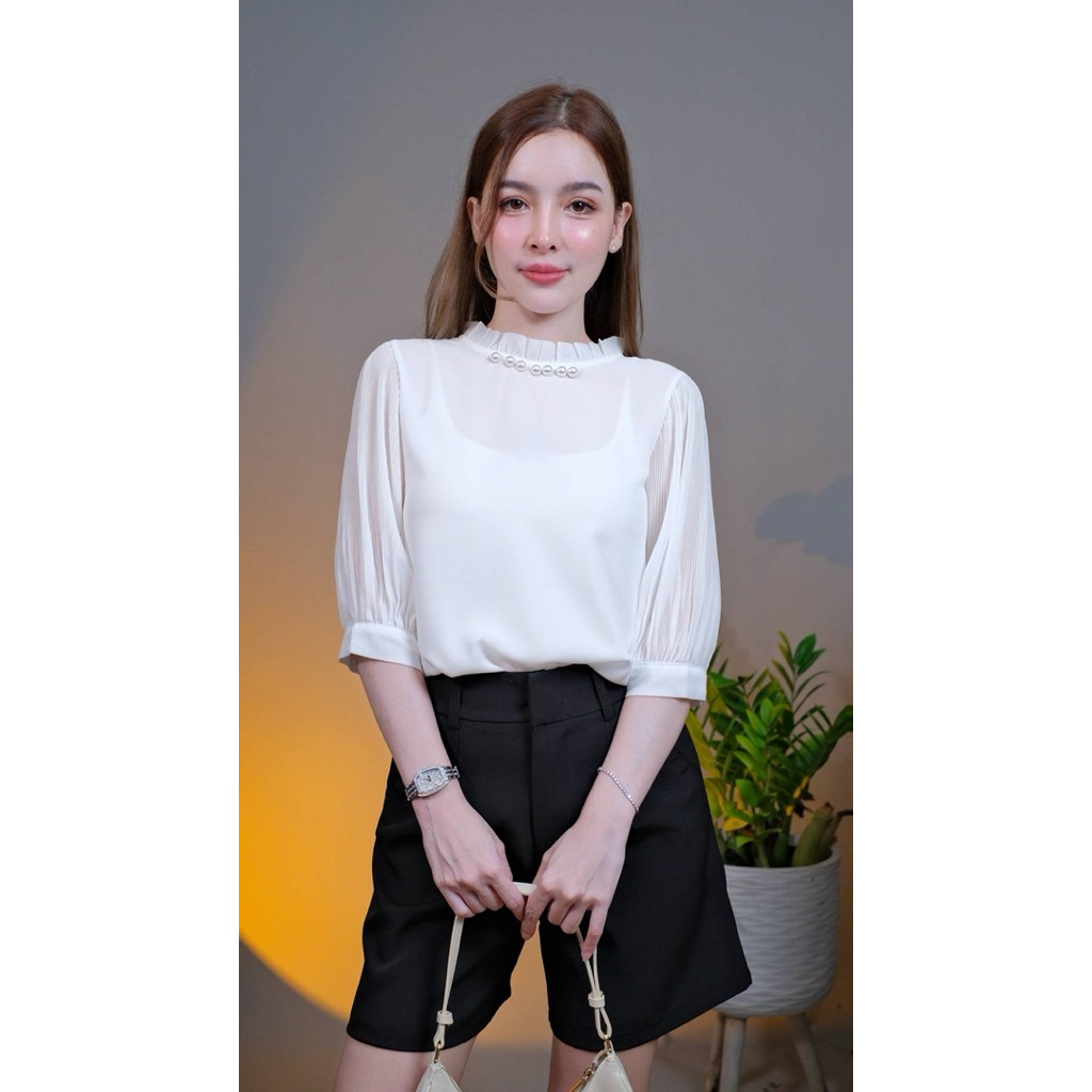 🔥Chanan☘️ 0548 เสื้อชีฟองผสมเกรดดี คอกลมระบายเล็กๆแต่งไข่มุก สีพื้นเรียบหรู ใส่ออกงาน ใส่เที่ยว เสื้อผู้หญิง มี7สี - รูปที่ 3