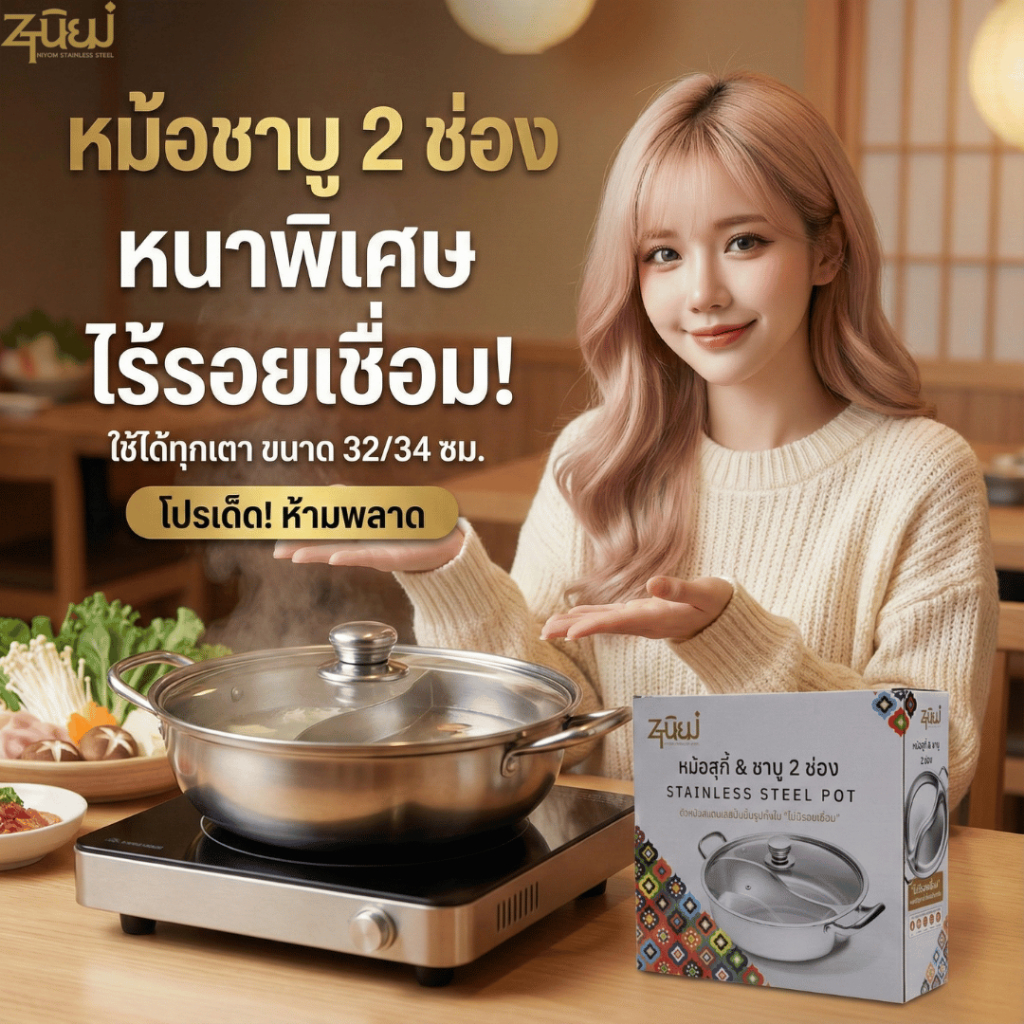 หม้อชาบู2 ช่อง สแตนเลสแบบหนา (ไร้รอยเชื่อม) พร้อมฝาแก้ว ขนาด 32/34 ซม. ใช้ได้ทุกเตา สำหรับเมนู  ชาบู  สุกี้ พร้อมส่งTH