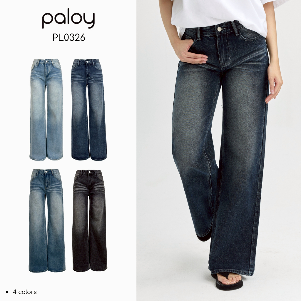 Paloy - PL0326 กางเกงยีนส์ขากระบอกกลาง เอวต่ำ แต่งเฟด