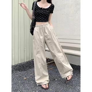 Hotgirl พร้อมส่ง กางเกงทรงหลวมผู้หญิง กางเกงขายาวใส่สบายๆ สีทึบเรียบง่ายแถบยางยืดขากว้างทรงสลิมฟิต