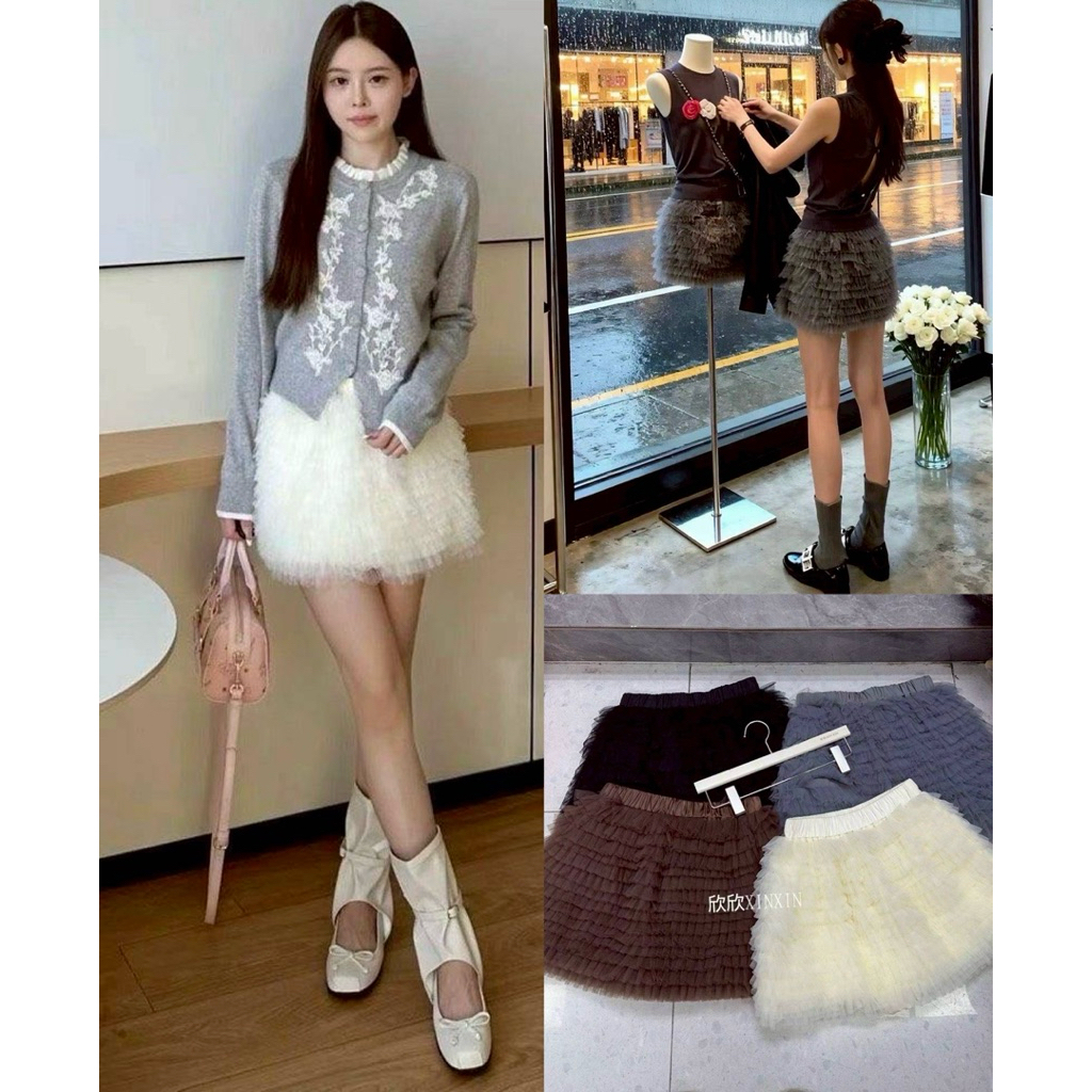 กระโปรงมุ้งสั้นแต่งชั้นเอวยางยืดซับในกางเกง