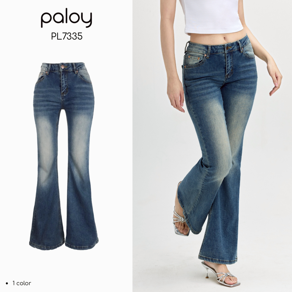 Paloy - PL7335 กางเกงยีนส์ขาม้าโพนี่ เอวต่ำ แต่งเฟด ผ้ายืดใส่สบาย