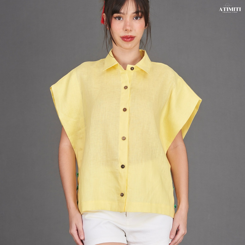 5th Jan เสื้อเชิ้ต คอปก แขนในตัว ชายเสื้อตรง ทรงเสื้อปีกค้างคาว แต่งโบว์ข้างช่วงเอว ผ้าลินินแท้ 100%